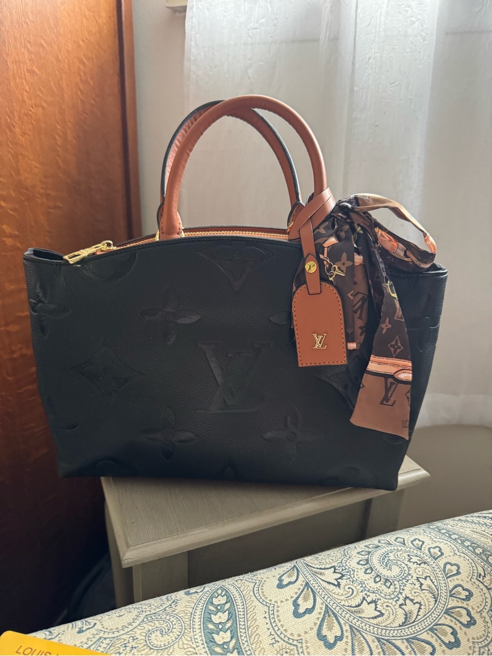 Faux Black Embossed Leather Tote with Tan Trim